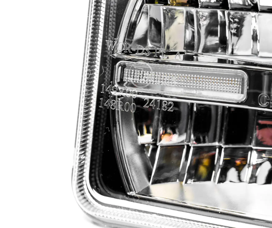 Close-up of a car headlight with visible branding and model number.