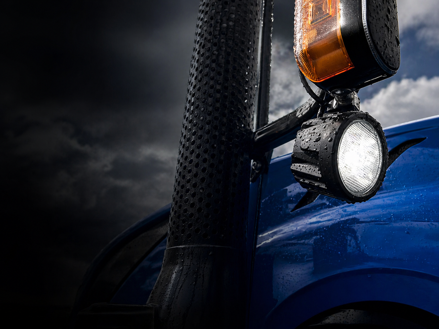 Close-up of a New Holland vehicle's Work Light and fog light against a dark sky.