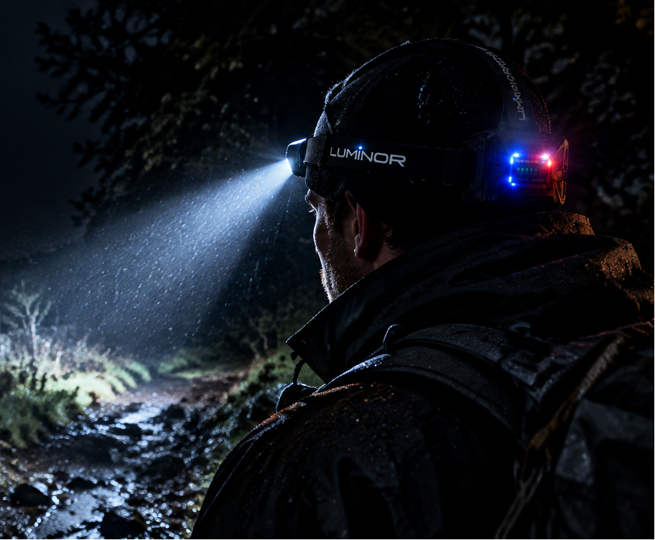 A person outdoors at night wearing a Luminor headlamp that casts a bright beam of light, with the Luminor brand name and logo displayed prominently on the left side of the image.