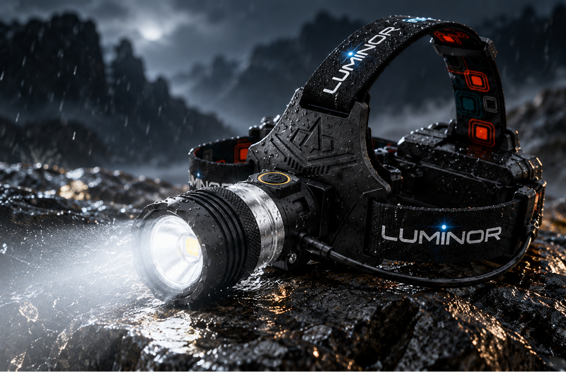A LUMINOR tactical headlamp with a bright flashlight turned on, shown on wet, rocky terrain in a dramatic rainstorm setting.