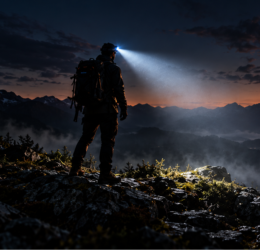 A silhouetted mountaineer or hiker stands on a rocky ridge at sunset, wearing a backpack and shining a bright flashlight toward a mountainous lake landscape. The sky is orange, red, and dark blue, with mist over the valley and distant peaks.