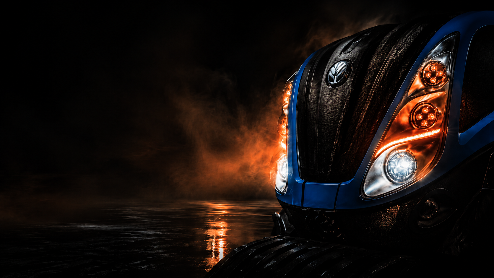 New Holland headlight with a dark background and reflective water surface